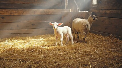 Newborn lamb exploring a cozy barn