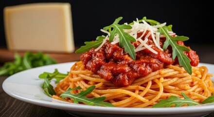 Delicious Spaghetti Bolognese Topped with Fresh Arugula and Grated Parmesan Cheese