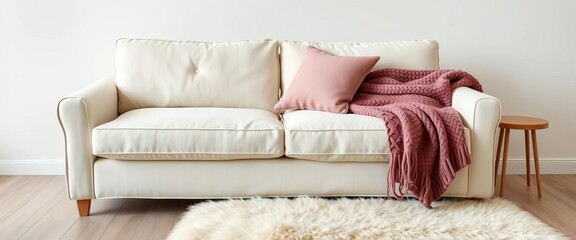 Cream linen sofa with chunky knit throw, layered sheepskin rug,  rustic,  neutral