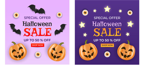 Set of square banners for Halloween sale. Special offer up to 50 percent. Vector illustration with pumpkins.