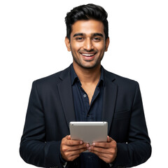 Smiling man with tablet isolated on transparent background