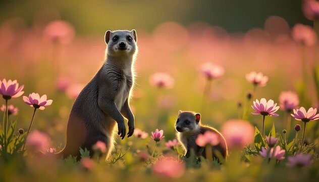 Banded mongoose standing watchful beside its baby