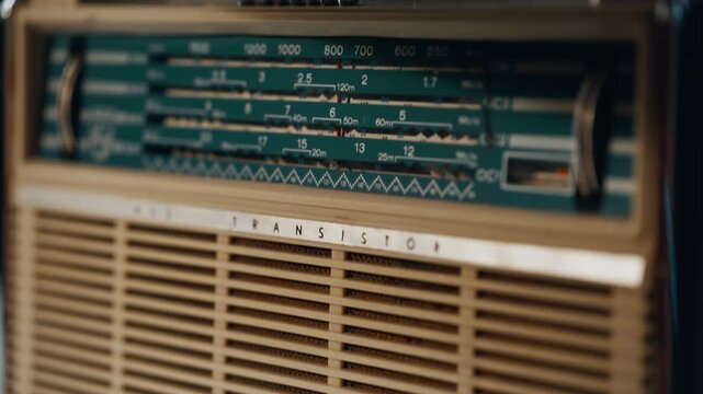 Closeup old radio panel in soft light indoors. Macro vintage FM signal receiver