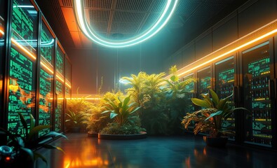 A futuristic blend of nature and technology interwoven in a digital landscape within a server room filled with vibrant data streams Vibrant Rim Light technology vibrant background colorful modern