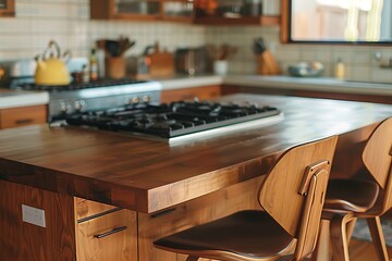 Modern kitchen design with wooden countertop, gas stove, and bar stools for elegant interiors