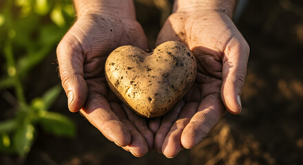 Heart-Shaped Potato in Farmer's Hands: Symbol of Love and Harvest high quality