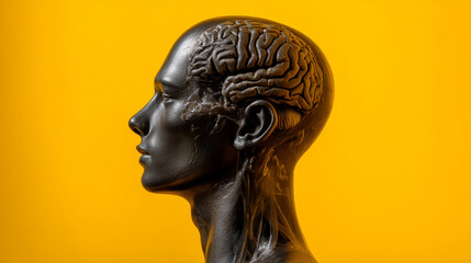 Side profile of a black anatomical model with exposed brain on yellow