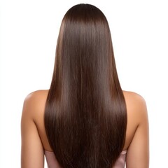 A woman with long, straight brunette hair isolated on white background