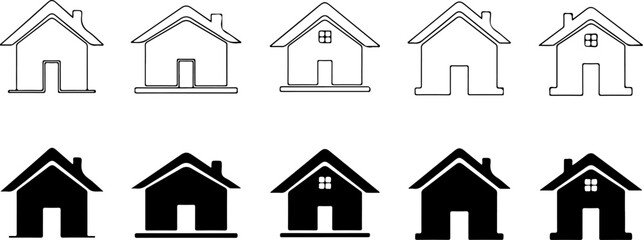 Vector art of a visual comparison of ten house icons showcasing five outlined and
