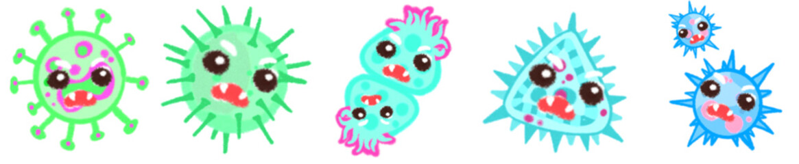 Cute Angry Virus Bacteria Clipart Set – Pink Science Microorganism Cartoon Illustration for Kids and Educational Design