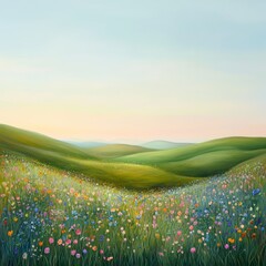 Serene Meadow Landscape with Colorful Wildflowers under Soft Sky