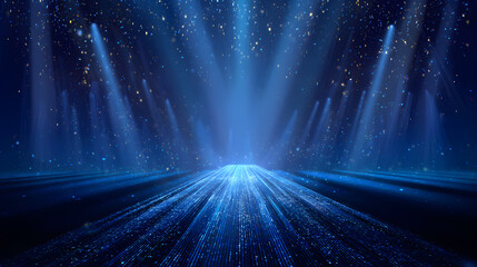 Bright Blue Runway with Light Streaks and Stars, Ideal for Presentations, Award Ceremony Events, and Technology-Themed Backgrounds. Luxury Scene Design Concepts. Vector illustrations.