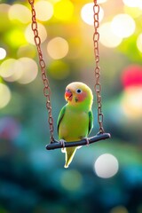 Green and yellow parrot is perched on a wooden branch. The bird is looking at the camera with a curious expression. The image has a playful