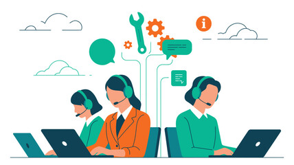 Customer Support Team Illustration — Three People with Headsets Working on Laptops with Tech and Communication Icons Representing Service & Assistance