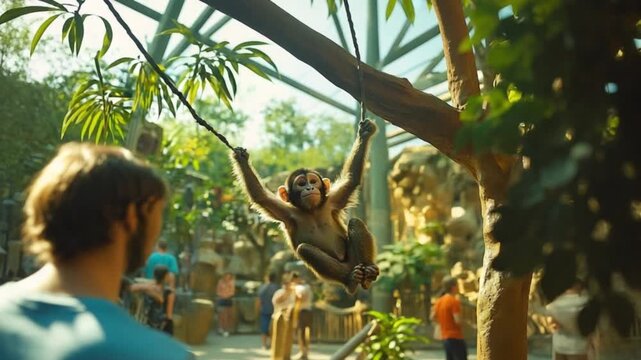 A monkey swings from a tree at the zoo while visitors watch under a sunlit glass canopy.