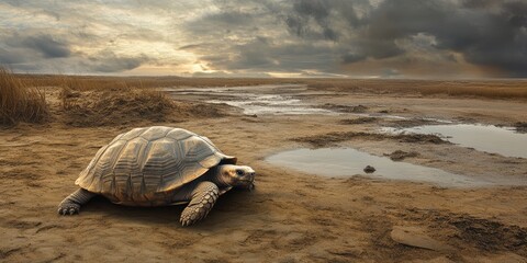 A turtle is laying on the ground in a desert. The sky is cloudy and the sun is setting