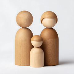 three wooden figures on white background