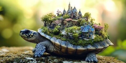 A turtle is sitting on a rock with a miniature village on top of it