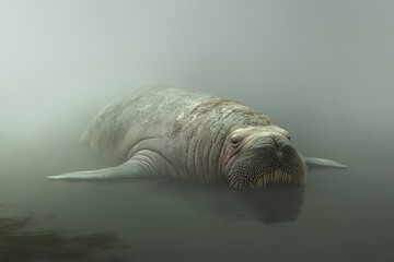 A large sea lion is swimming in the water. The water is foggy and the sea lion is the only thing visible