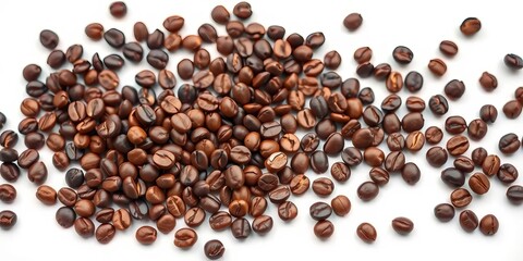 Obraz premium Dark roasted coffee beans scattered on pristine white background, ample copy space, latte, cappuccino