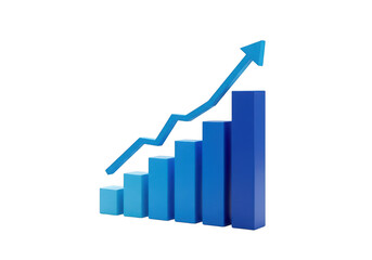 3D blue bar chart with upward trend arrow isolated on transparent background