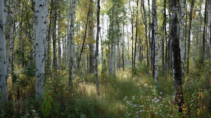 Fototapeta premium Autumn Forest Path With Birch Trees