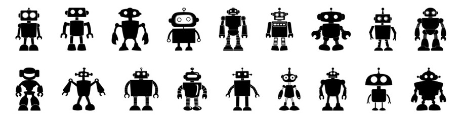 Silhouette of black robot figures of various designs 