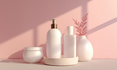 A minimalist scene features three white cosmetic containers and a small jar on a speckled tray, complemented by dried pink branches in a vase, all set against a soft pink wall bathed in sunlight
