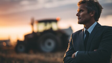 Confident businessman in suit overlooking rural landscape, thoughtful reflection, leadership, and success in a modern agricultural setting.
