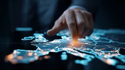 Hand interacting with a digital map of Europe displaying illuminated network connections and data points, representing global connectivity and technological infrastructure.