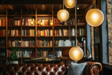 Cozy library interior with leather sofa and warm lighting from pendant lamps, creating ambiance