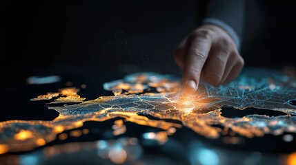 Global Network Connection: Finger Pointing at Digital World Map Overlayed with Futuristic Circuitry and Data Visualization.