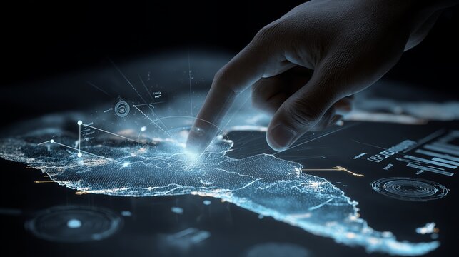 Hand highlighting illuminated digital map network with futuristic light trails, showcasing global connectivity and data visualization technology.