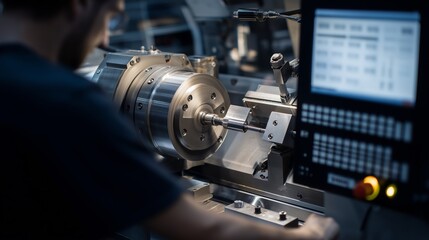 Precision CNC Machining: Skilled Operator Working on Metal Lathe in Modern Workshop, Close-up of Metalworking Process.
