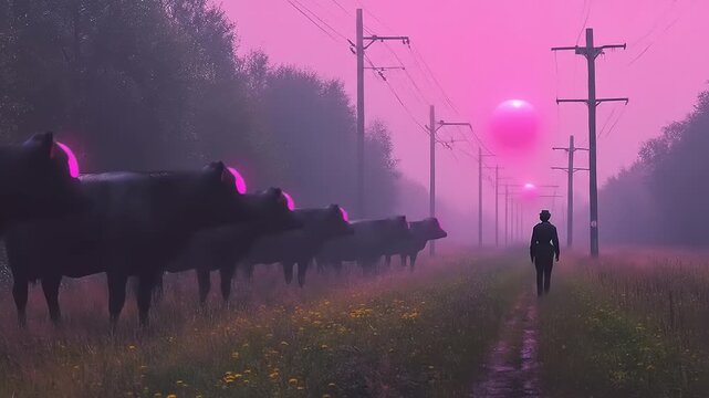 Surreal Encounter: Person Walks Past Glowing-Eyed Cows in Ethereal Landscape