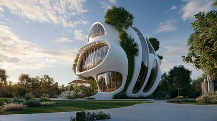 Futuristic architectural design of a modern organic shaped luxury home