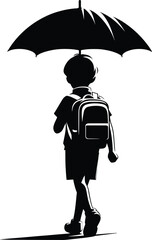 A school going kid walking with an Umbrella on a rainy day Vector Illustration on a white background