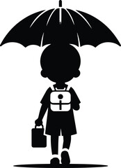 A school going kid walking with an Umbrella on a rainy day Vector Illustration on a white background