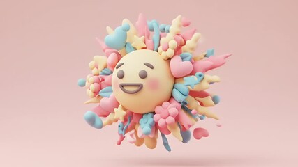 Playful 3D character surrounded by colorful flowers and shapes on a soft pink background - Powered by Adobe