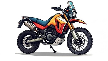 Colorful Adventure Motorcycle Illustration with Knobby Tires on White Background