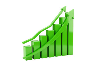 3D green bar chart with upward trend arrow isolated on transparent background