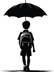 A school going kid walking with an Umbrella on a rainy day Vector Illustration on a white background