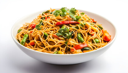 Delicious masala chowmein noodles tossed with fresh vegetables prepared on a pristine white background for a vibrant culinary presentation