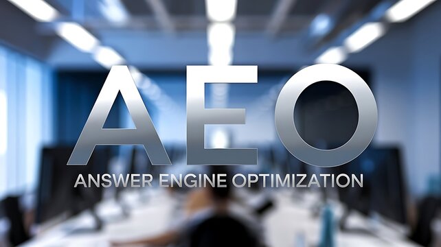 Aeo answer engine optimization in a blurred office setting with overhead lighting and computer monitors