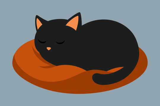 Sleeping black cat comfortably curled up in an orange cat bed cartoon illustration