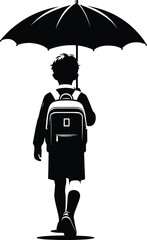 A school going kid walking with an Umbrella on a rainy day Vector Illustration on a white background