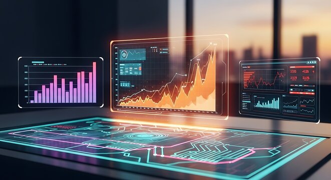 Futuristic data analytics displayed on holographic screens