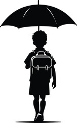 A school going kid walking with an Umbrella on a rainy day Vector Illustration on a white background