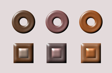 3D Glossy Donut and Square Buttons Set. 