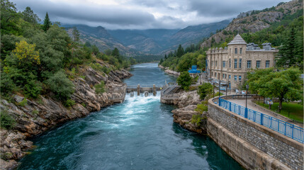 Fototapeta premium A powerful hydroelectric station harnesses the energy of rushing water through turbines, nestled in a picturesque valley surrounded by majestic mountains and vibrant trees